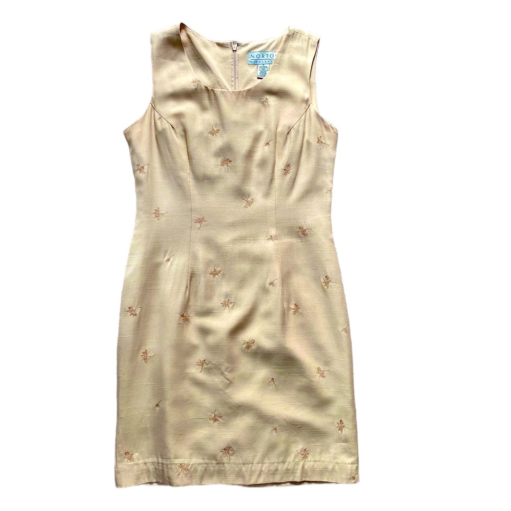 Vtg Norton McNaughton Light Yellow Sheath Dress w/ Embroidered Flowers in Front